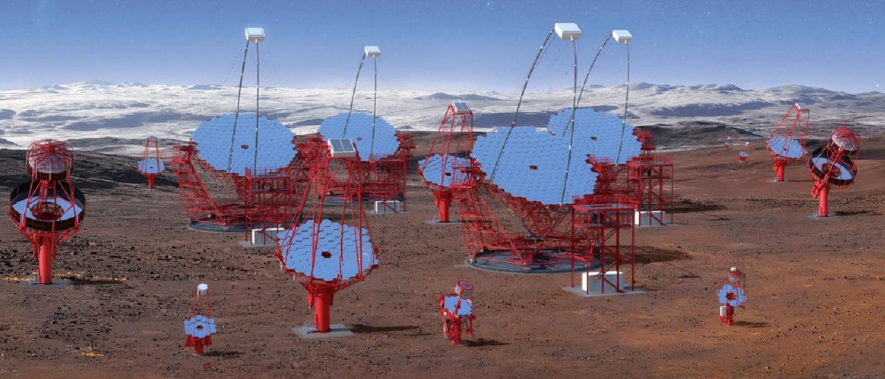 Rendered image of the CTA Observatory, the next-generation ground-based gamma-ray observatory for high-energy astrophysics. CTA Observatory